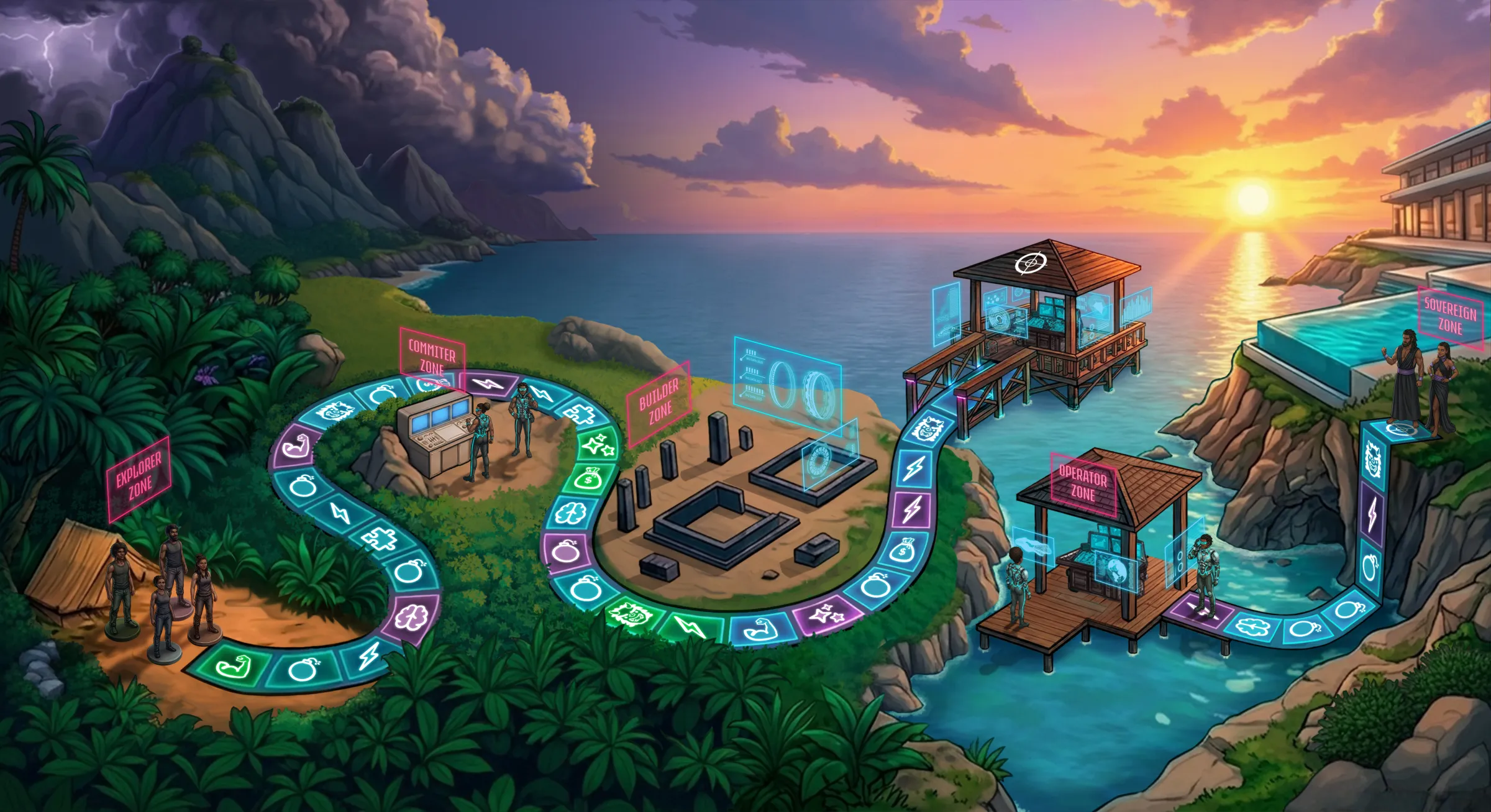 The Escaping the Jungle map. A glowing trail runs from a camp in the jungle, through five zones, to a villa on the cliff at sunset.