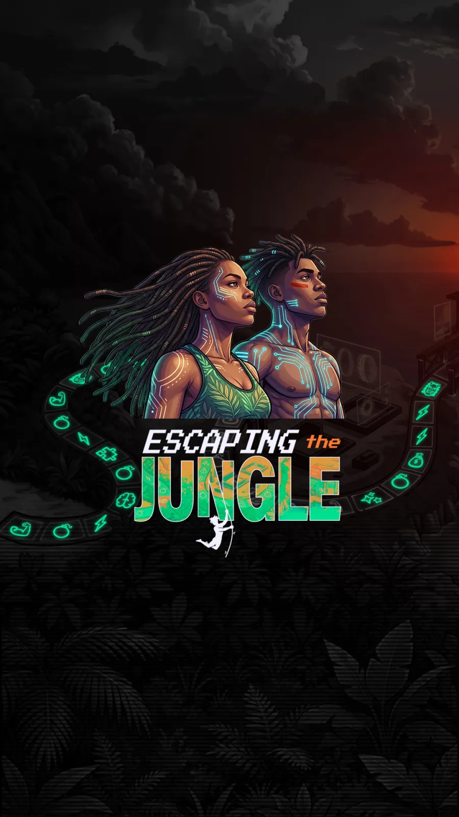 The two captains of Escaping the Jungle look out over the trail toward the villa.